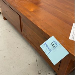 EX DISPLAY TIMBER COFFEE TABLE WITH 2 DRAWERS SOLD AS IS