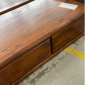 EX DISPLAY TIMBER COFFEE TABLE WITH 2 DRAWERS SOLD AS IS