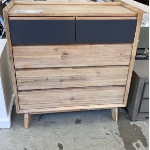 EX DISPLAY LIGHT OAK TALL BOY 1000MM 5 DRAWERS WITH TOP DRAWERS IN GREY SOLD AS IS