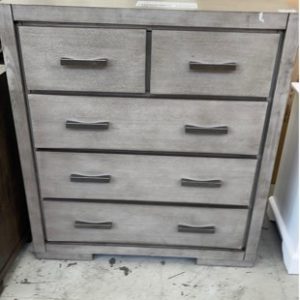 EX DISPLAY GREY TIMBER TALL BOY 950MM WITH 5 DRAWERS SOLD AS IS