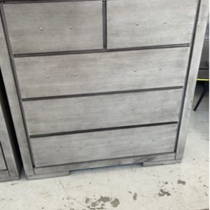 EX DISPLAY GREY TIMBER TALL BOY 950MM WITH 5 DRAWERS SOLD AS IS