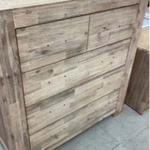 EX DISPLAY LIGHT OAK TIMBER MADSEN TALLBOY 1000MM WITH 5 DRAWERS SOLD AS IS