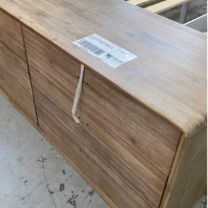 EX DISPLAY WASHED OAK LOW BOY WITH CURVED EDGES 6 DRAWERS 1540MM LONG SOLD AS IS