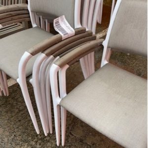 EX HIRE FURNITURE - OUTDOOR CHAIR WITH WHITE METAL ARMS BEIGE SEAT SOLD AS IS