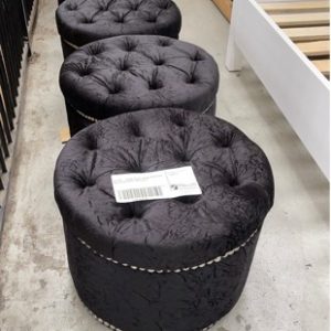 EX HIRE - BLACK VELVET ROUND FOOTSTOOL WITH STUD DETAIL SOLD AS IS