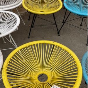 EX HIRE - YELLOW WIRE SIDE TABLE WITH NO GLASS TOP SOLD AS IS