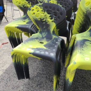 EX HIRE CUSTOM MADE CAMOFLAGE OUTDOOR EVENTS CHAIR GREEN & BLACK SOLD AS IS