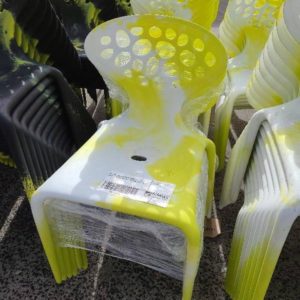 EX HIRE CUSTOM MADE CAMOFLAGE OUTDOOR EVENTS CHAIR WHITE & YELLOW SOLD AS IS