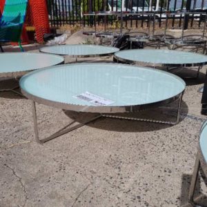EX HIRE GLASS AND CHROME LARGE ROUND COFFEE TABLE SOLD AS IS