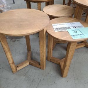 EX HIRE ROUND TIMBER LOW SIDE TABLE SOLD AS IS