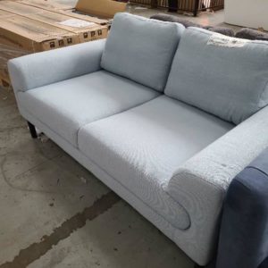 EX HIRE - LIGHT BLUE MATERIAL SOFA 2 SEATER SOLD AS IS