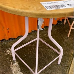 EX HIRE BAR TABLE WITH TIMBER TOP AND PINK METAL BASE SOLD AS IS