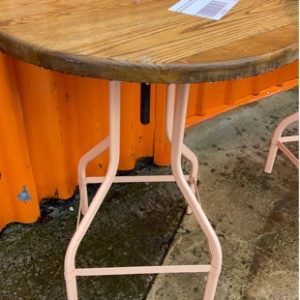 EX HIRE BAR TABLE WITH TIMBER TOP AND PEACH METAL BASE SOLD AS IS