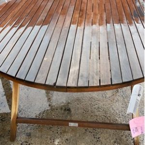 EX HIRE FURNITURE - ROUND TIMBER OUTDOOR TABLE SOLD AS IS