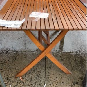 EX HIRE FURNITURE - THIN SLAT TIMBER TABLE SOLD AS IS