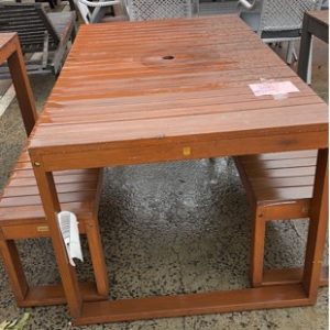 EX HIRE FURNITURE - TIMBER TABLE WITH 2 X BENCH SEATS SOLD AS IS