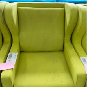 EX HIRE LIME UPHOLSTERED WING BACK CHAIR SOLD AS IS