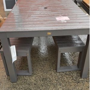 EX HIRE FURNITURE - GREY TIMBER TABLE AND 2 BENCH SEATS SOLD AS IS