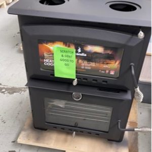 SCANDIA HEAT AND COOK WOOD FIRED OVEN AND HEATER LARGE BAKING OVEN AND LARGE COOKTOP AREA REMOVEABLE HOT PLATES (OPEN FLAME BURNER) RRP$2000 SOLD AS IS SCRATCH AND DENT STOCK WITH 3 MONTH WARRANTY