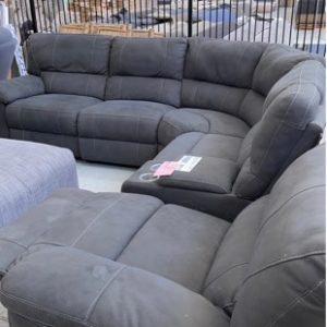 EX DISPLAY CORNER MODULAR COUCH WITH MANUAL RECLINERS EACH END DARK GREYSOLD AS IS