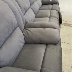 EX DISPLAY GREY MATERIAL 3 SEATER COUCH WITH ELECTRIC RECLINERS WITH 2 ELECTRIC RECLINER ARM CHAIRS SOLD AS IS