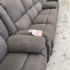 EX DISPLAY GREY MATERIAL 3 SEATER COUCH WITH ELECTRIC RECLINERS WITH 2 ELECTRIC RECLINER ARM CHAIRS SOLD AS IS