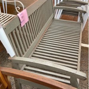 EX HIRE FURNITURE - GREY TIMBER BENCH SEAT SOLD AS IS