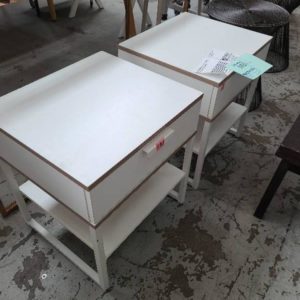 EX HIRE FURNITURE - PAIR OF WHITE BEDSIDE TABLES SOLD AS IS
