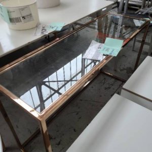 EX HIRE FURNITURE - COPPER AND GLASS HALL TABLE SOLD AS IS