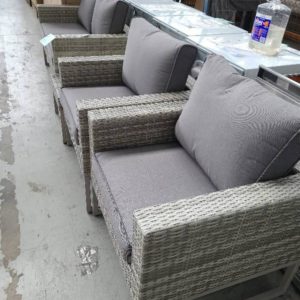 SUNSHINE 4 PIECE OUTDOOR LOUNGE CONSISTS OF 2 SEATER COUCH 2 ARM CHAIRS AND RATTAN COFFEE TABLE EX SHOWROOM STOCK