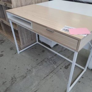 EX DISPLAY STELL OAK LOOK DESK WITH DRAWER AND STORAGE POWDER COATED FRAME W110CM X D50CM