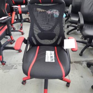 EX DISPLAY BLACK & RED MESH GAMING CHAIR WITH LUMBAR SUPPORT ADJUSTABLE ARMS AND BACK TILT FEATURE RRP$249