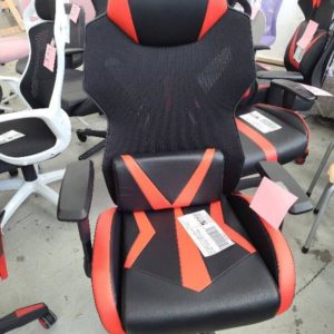EX DISPLAY BLACK & RED MESH GAMING CHAIR WITH LUMBAR SUPPORT CUSHION HEIGHT ADJUSTABLE ARMS AND BACK TILT RRP$249