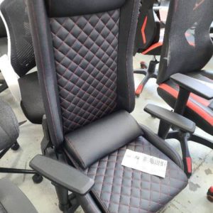 EX DISPLAY GAMING CHAIR BLACK WITH RED LATTICE STITCHING HEIGHT ADJUSTABLE ARMS & RECLINE TO 135 DEGREES