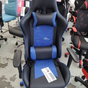 EX DISPLAY GAMING CHAIR BLACK WITH BLUE MESH HEIGHT ADJUSTABLE ARMS AND RECLINE TO 135 DEGREES