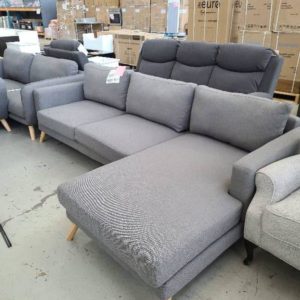 BRAND NEW GREY MATERIAL COUCH WITH CHAISE LIGHT OAK LEGS