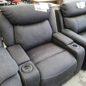 EX DISPLAY FURNITURE - BLACK SUEDE TOUCH CONTROL SINGLE ELECTRIC RECLINER ARM CHAIR WITH DRINK HOLDERS SOLD AS IS