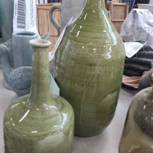 EX HIRE DECORATIVE ITEM - LOT OF 2 GREEN VASES SOLD AS IS