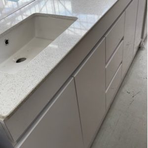 1800MM WHITE GLOSS DOUBLE BOWL VANITY WITH DRAWERS AT EACH END WITH STONE TOP AND DOUBLE UNDER MOUNT BOWLS