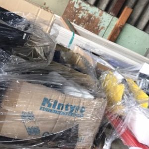 PALLET OF ASST'D HARDWARE HAND TOOLS CURTAIN RINGS ADHESIVES FILES HANDLES  GATE BOLTS SPONGES ETC