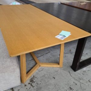 EX HIRE FURNITURE - LIGHT OAK DINING TABLE 2100MM SOLD AS IS SOME MARKS