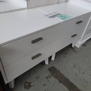 EX DISPLAY FURNITURE - PAIR OF WHITE BEDSIDE TIMBER TABLE SOLD AS IS