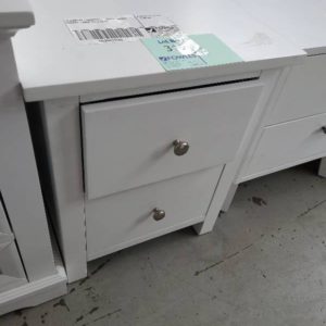 EX DISPLAY FURNITURE - WHITE TIMBER BEDSIDE TABLE SOLD AS IS