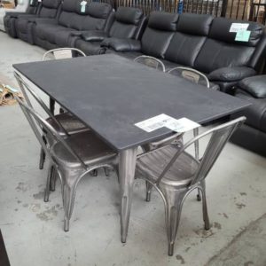 EX DISPLAY FURNITURE - 1800MM TIMBER DINING TABLE WITH METAL LEGSS & 6 MODERN METAL CHAIRS SOLD AS IS