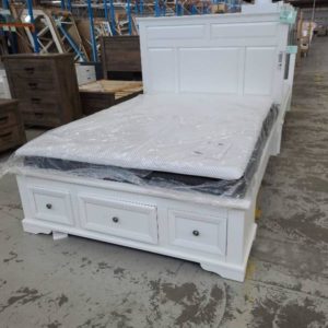 EX DISPLAY FURNITURE - WHITE TIMBER AKIRA BEDFRAME QUEEN SIZE WITH 3 UNDER BED DRAWERS RRP$1799 SOLD AS IS