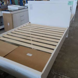 EX DISPLAY FURNITURE - WHITE TIMBER QUEEN SIZE BEDFRAME WITH DRAWERS IN BED BASE SOLD AS IS