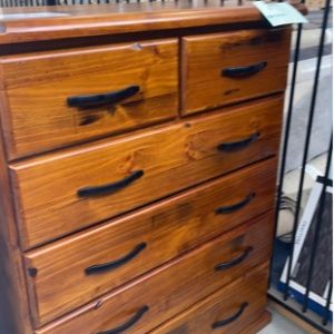 EX DISPLAY FURNITURE - TALL TIMBER TALL BOY WITH 6 DRAWERS SOLD AS IS