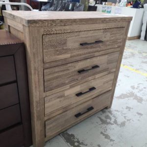 EX DISPLAY FURNITURE - TIMBER 1000MM 4 DRAWER TALL BOY SOLD AS IS