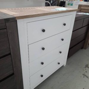 EX DISPLAY FURNITURE - 1000MM 4 DRAWER TALL BOY WHITE WITH TIMBER TOP SOLD AS IS