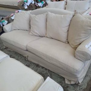 EX HIRE - BEIGE LINEN COUCH 2.5 SEATER SOLD AS IS